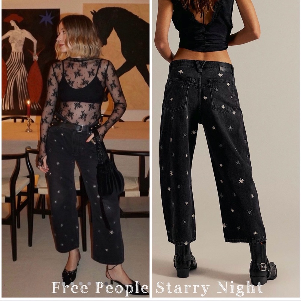 Free People Starry Nights Deep Trance Black Star-Embroidered Boyfriend Jeans